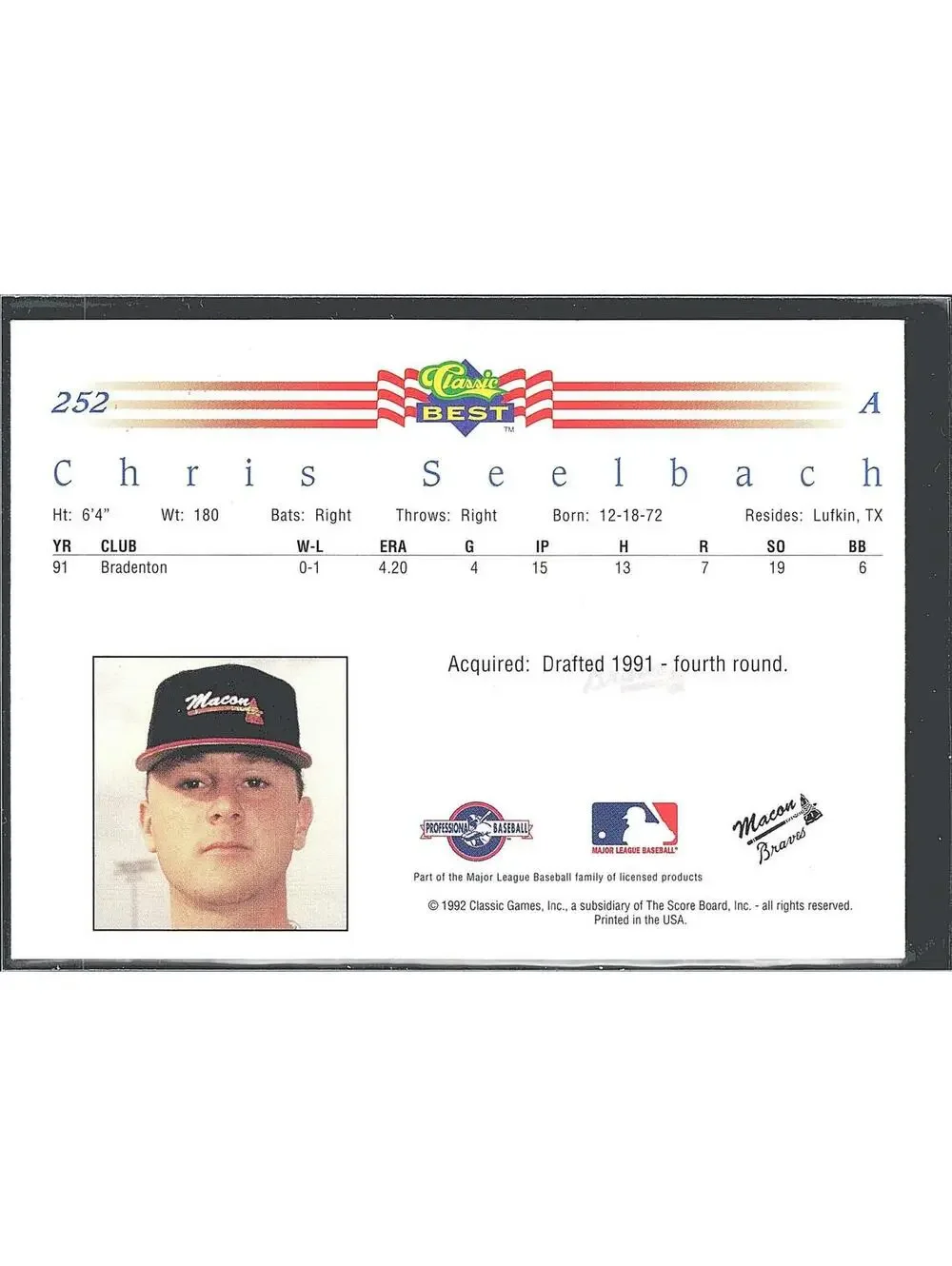 1992 Classic Best #252 Chris Seelbach HAND SIGNED